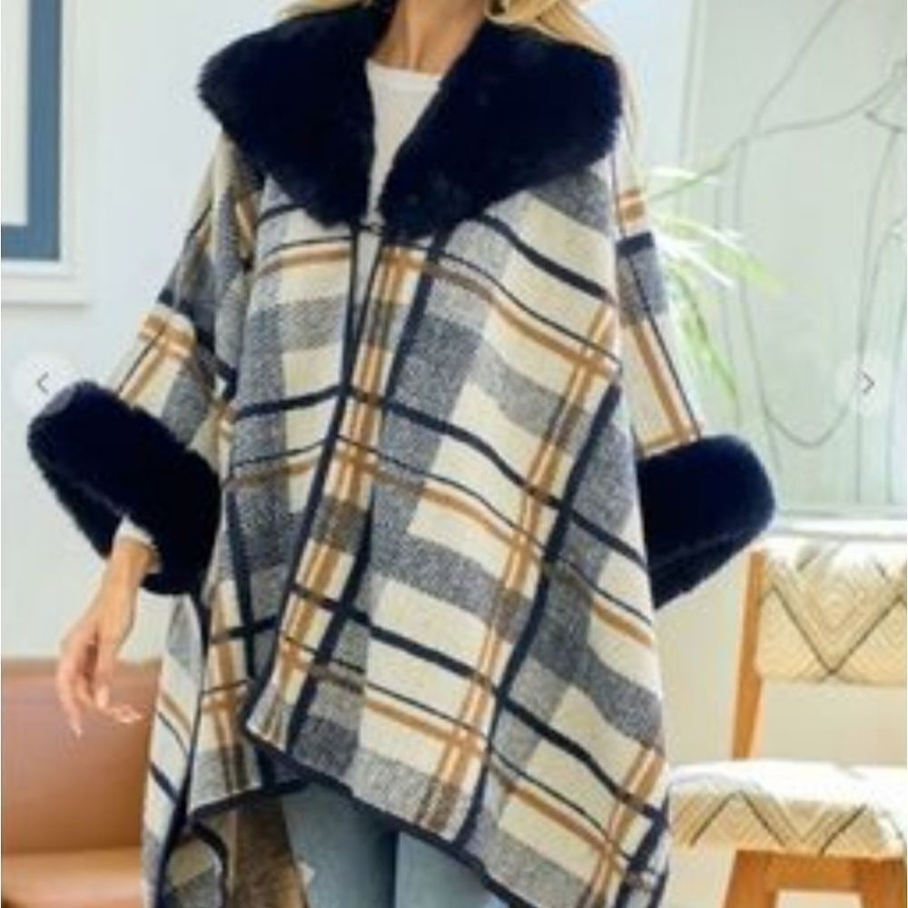 Faux fur plaid poncho size S fits any size up to Large